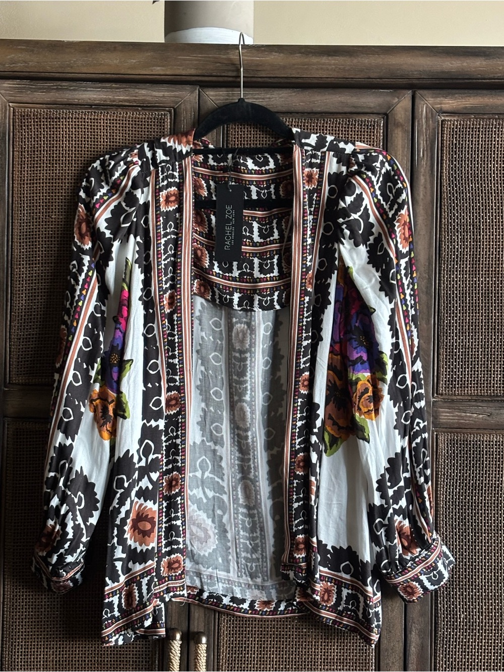Rachel Zoe Black & White Floral-Accent Open Cardigan